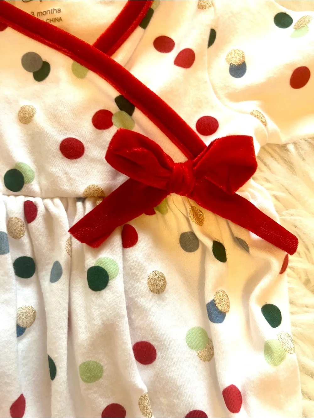 Mud Pie Holiday White Baby Gown with Multicolor Dots and Red Velvet Bow